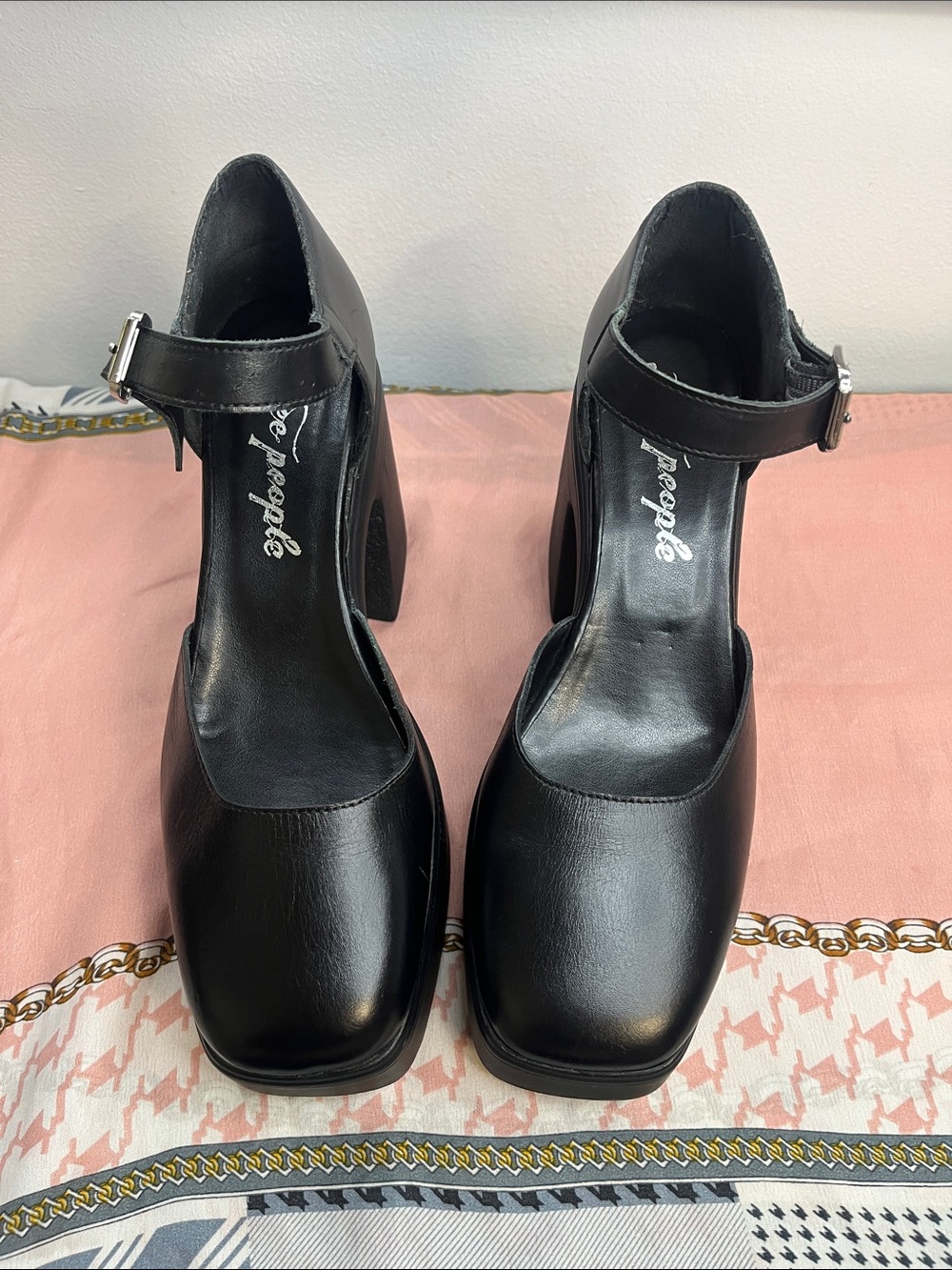 Free People Black Square-Toe Ankle-Strap Block Heels